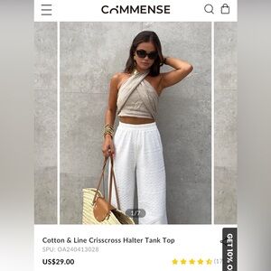 Linen, crisscross top with tie.